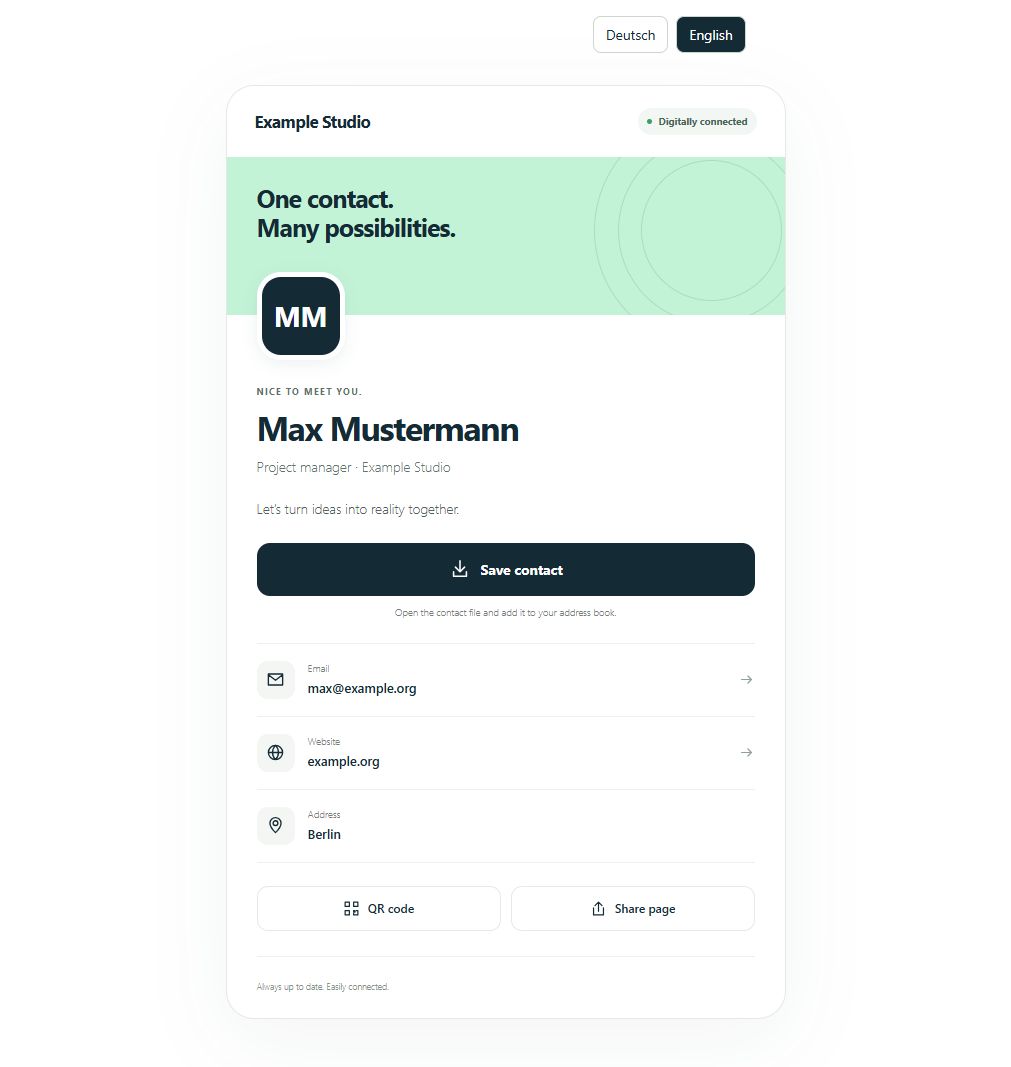 Digitale CardFaro-Visitenkarte mit Max Mustermann, Kontaktdownload und QR-Code.
